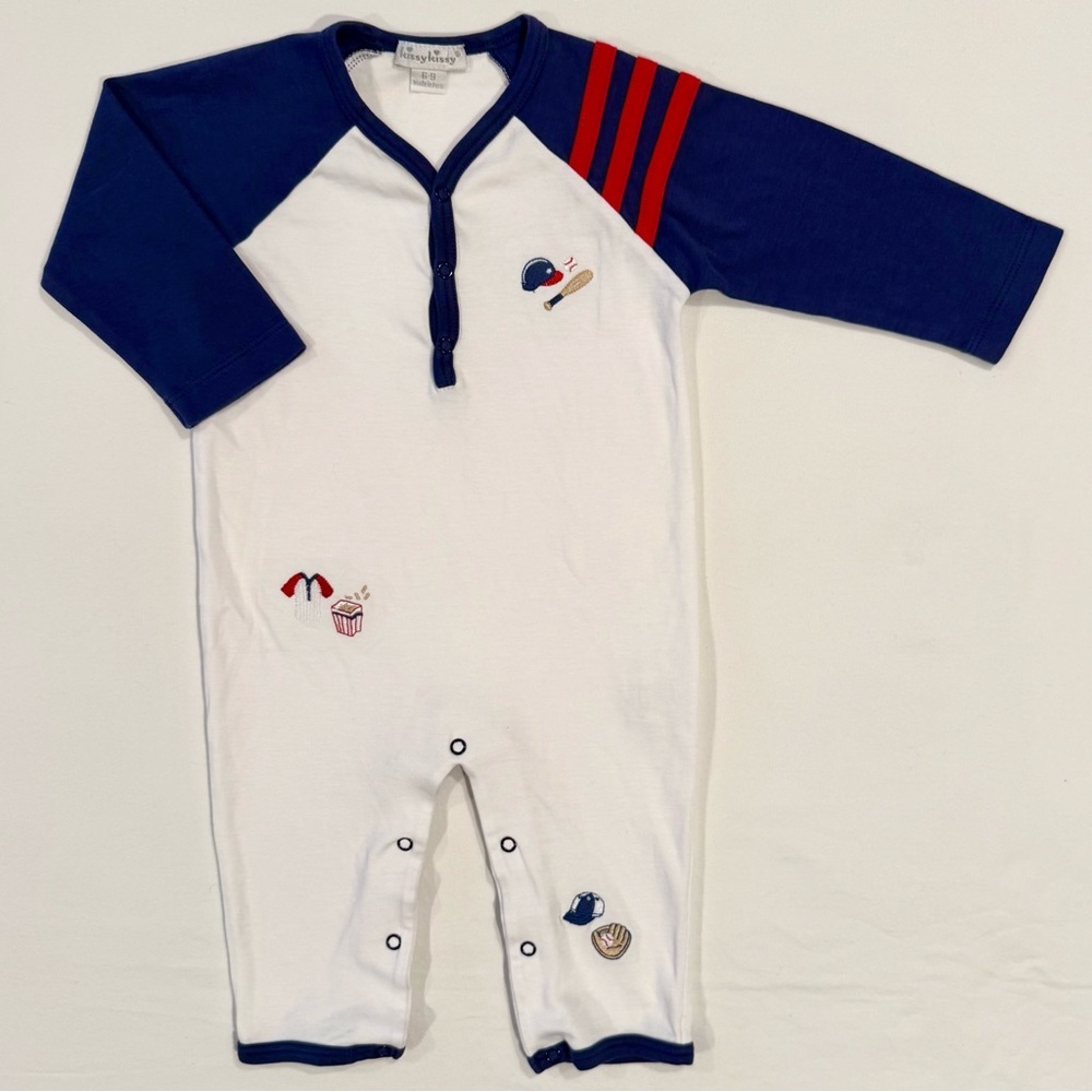 New Kissy Kissy Backyard Baseball Playsuit Boys 6-9M Embroidered Henley Romper